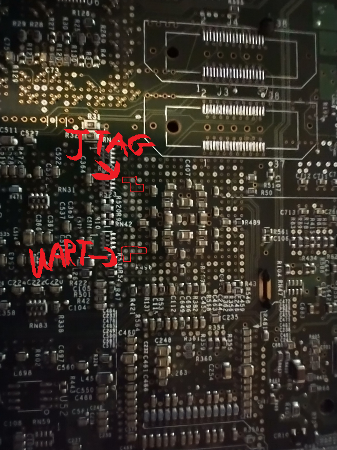 MCU Photograph labeling UART/JTAG balls.